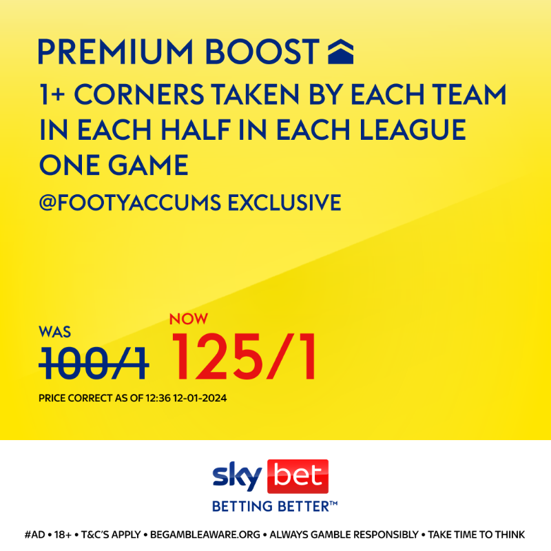 BenTipsBets's tweet photo. 🚨 @FootyAccums Huge 125/1 Price Boost!!! (Was 100/1)

⛳️ 1+ corners taken by each team in each half in each League One game

Click below to add to your betslip👇

#Ad | Price correct as of 12:36pm 12/01/24 | 18+ | BegambleAware | Always Gamble Responsibly