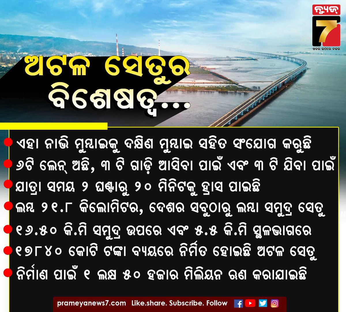 NEWS7Odia's tweet image. ଅଟଳ ସେତୁର ବିଶେଷତ୍ୱ.. #atalsetu #specification #prameyanews7
