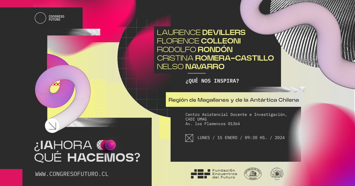 udemagallanes's tweet photo. El Futuro se encuentra más cerca ¿IAHORA QUÉ HACEMOS? lunes 15 de enero, Punta Arenas se convertirá en el epicentro del conocimiento con la nueva edición de #CongresoFuturo2024. En vivo por @umagtv https://t.co/o2UWtlLrsw https://t.co/IEFW6kiuJR