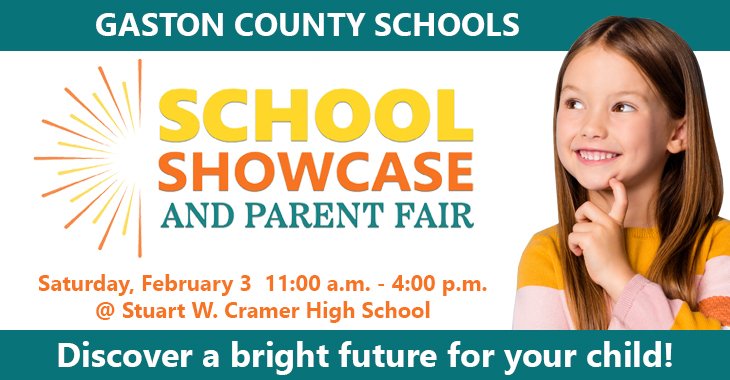 GastonSchools's tweet photo. You're invited to the Gaston County Schools' Showcase &amp; Parent Fair on February 3 from 11 am - 4 pm at Stuart W. Cramer High School. Meet school representatives, discover magnet school options, attend sessions, and enjoy student performances! https://t.co/avk0v3DIWj