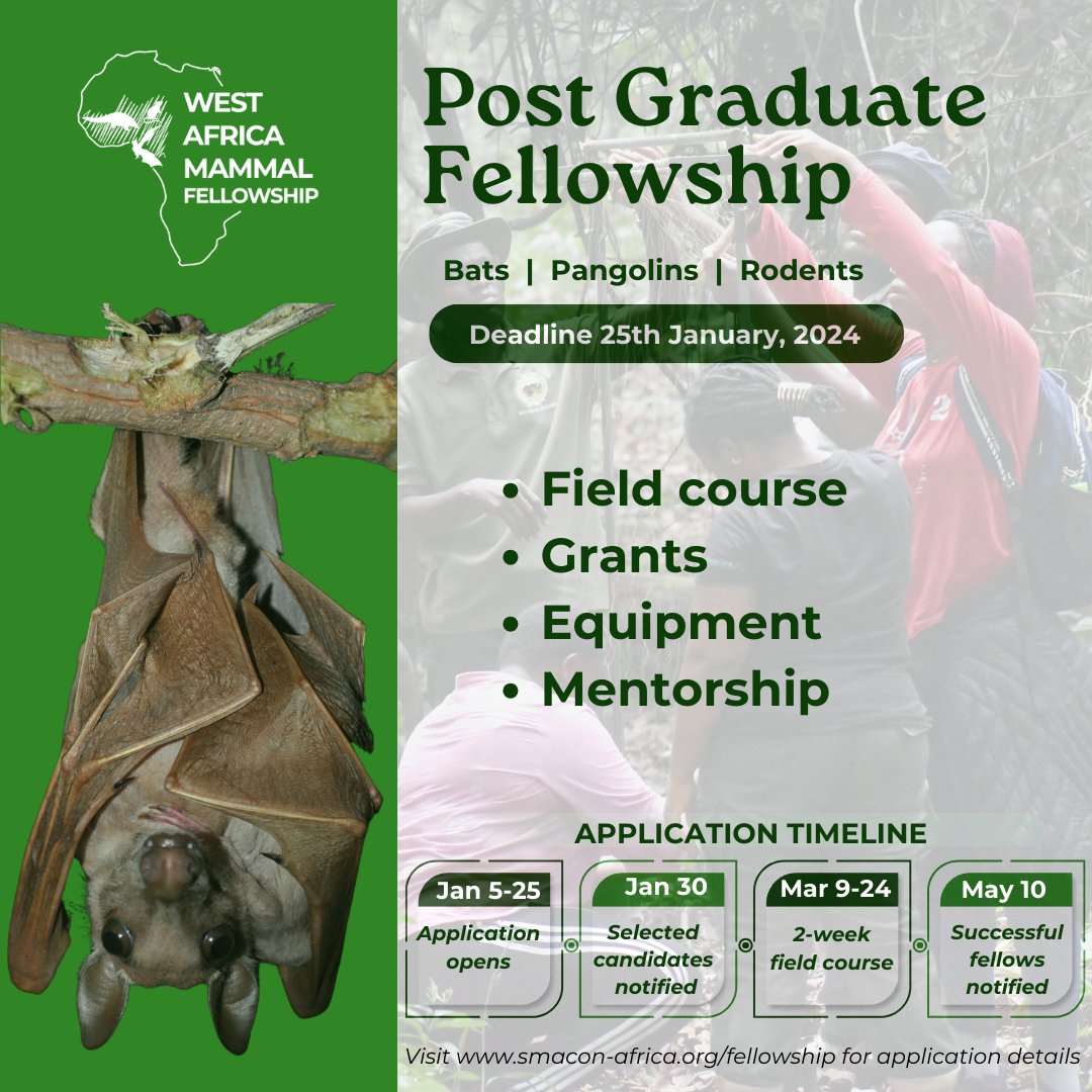 We are still accepting applications for the West Africa Mammal Fellowship! Visit smacon-africa.org/fellowship to apply. #Fellowship #WAMP #WAMF #SMACON #Africa #Conservation #Science