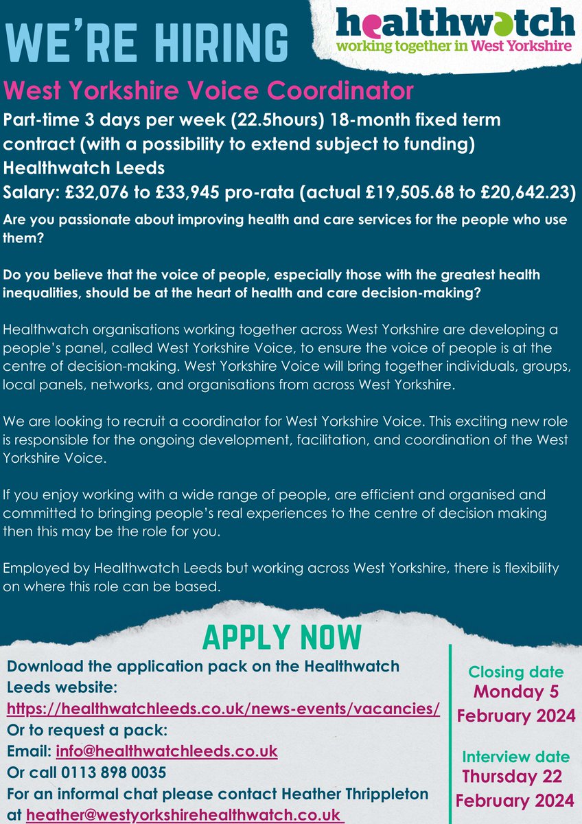 HealthwatchBfd's tweet photo. Healthwatch is looking for someone passionate about improving health and care services to develop a people’s panel called West Yorkshire Voice to ensure the voice of the people is at the centre of decision-making.

Full details 🔽

https://t.co/Fzp656pIMB https://t.co/dHEbxhJWCP