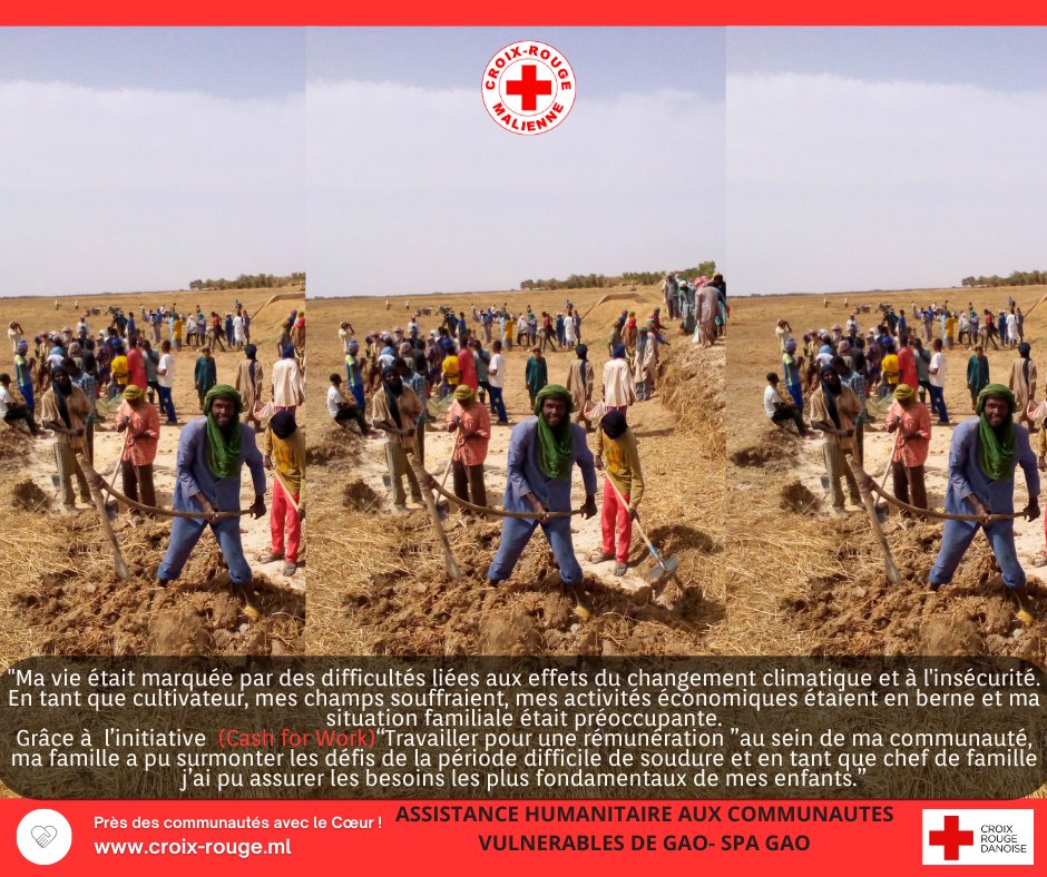 CroixRougeMali's tweet photo. 📍GAO 
<<Les travaux que nous avons réalisés grâce au "Cash For Work" rémunération pour un travail d'intérêt communautaire, ont eu un impact très significatif :récoltes améliorées,meilleure gestion de l'eau,la communauté dispose désormais d'herbes pour le cheptel>> ALHOUSSEINI. https://t.co/CI1Ew8dQoj