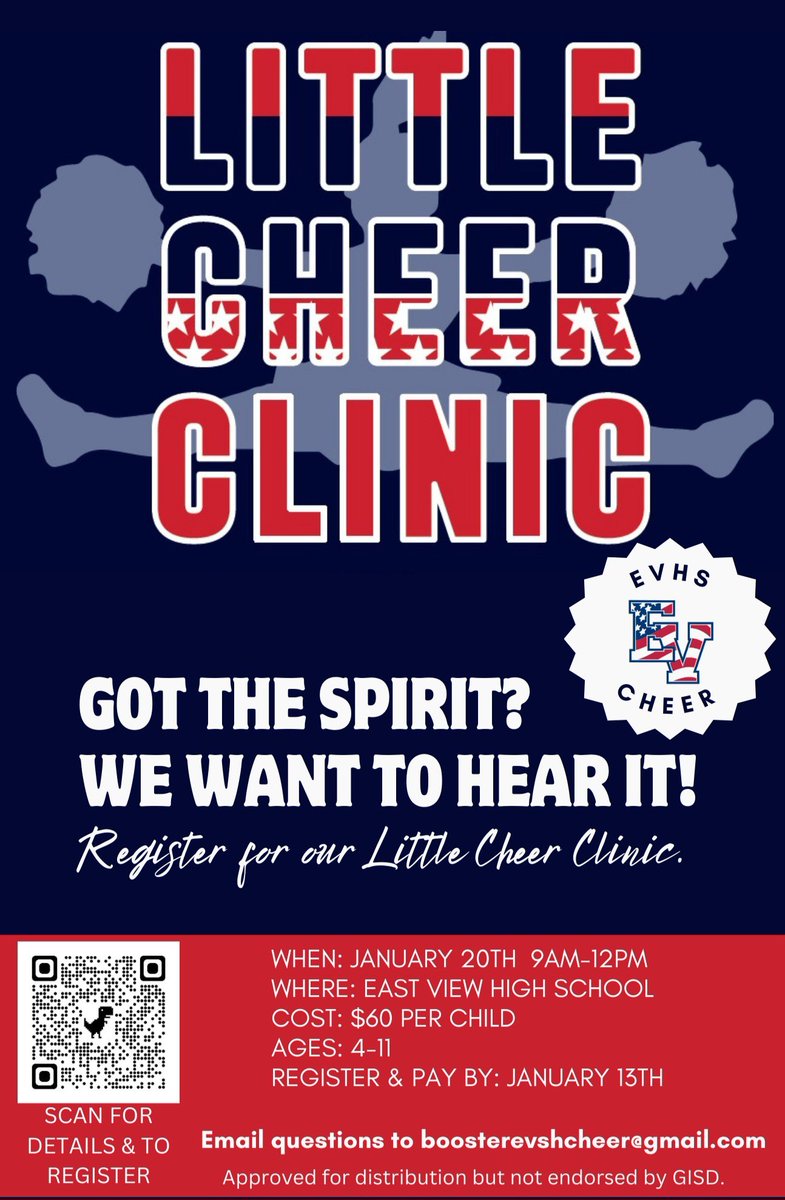Last day to register for Little Cheer Clinic is tomorrow 1/13/25
signupforms.com/registrations/…
<a href="/EvPatriots/">EV Patriot Nation</a> <a href="/GeorgetownISD/">Georgetown ISD</a> <a href="/EastViewHS/">East View HS</a>