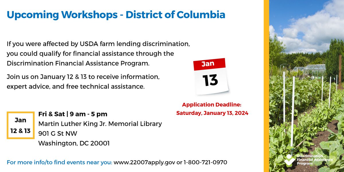 Here are some upcoming events to learn more about the Discrimination Financial Assistance Program. Farmers and ranchers who experienced discrimination in USDA farm lending can apply for financial assistance. The application process is free, &amp; you do not need an attorney to apply.
