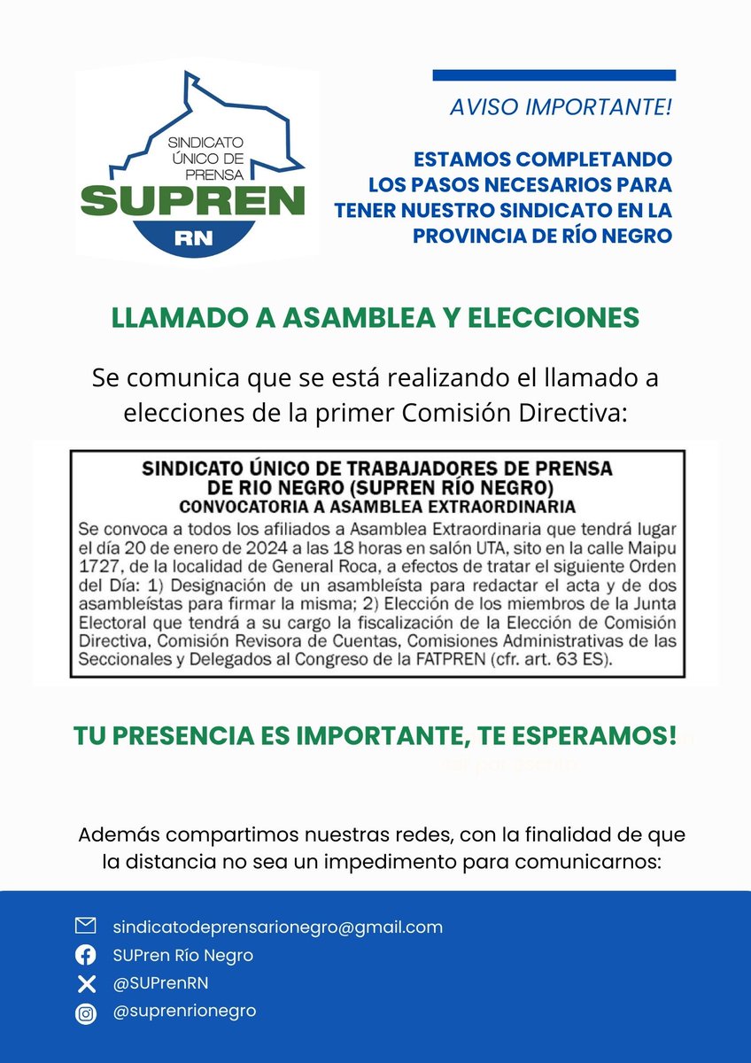 SUPrenRN's tweet photo. BUEN DÍA! 😃 Inauguramos nuestras cuentas en redes sociales con este AVISO IMPORTANTE! Después de la inscripción gremial, necesitamos el respaldo de quienes conforman este sector en el territorio de la provincia. Nos reunimos en #Roca, con representantes de #Viedma y #Bariloche. https://t.co/F98vjRLTyb
