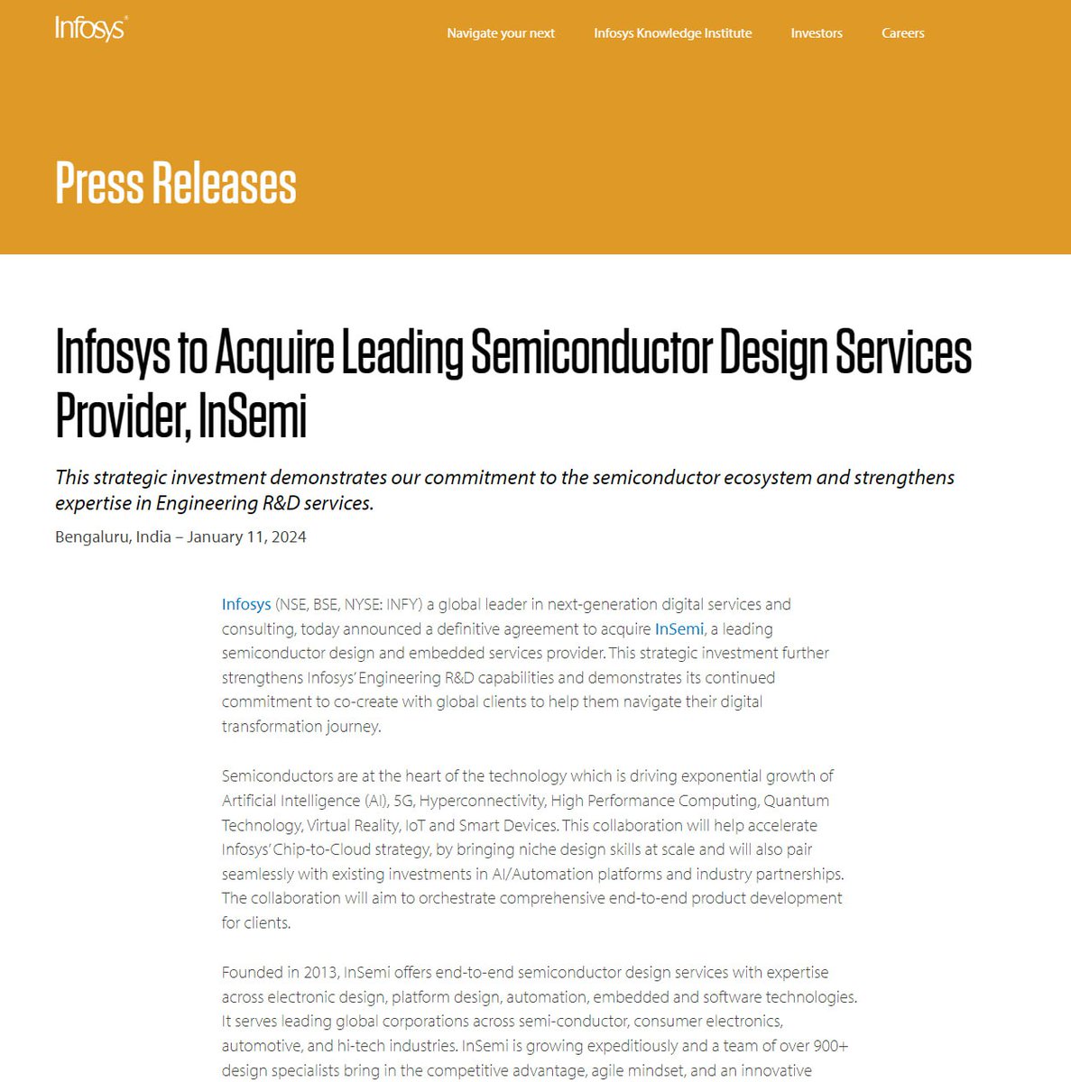 Resonant_News's tweet photo. #Infosys set to acquire #InSemi, a leading semiconductor design and embedded services provider. https://t.co/aE4y1W57tV