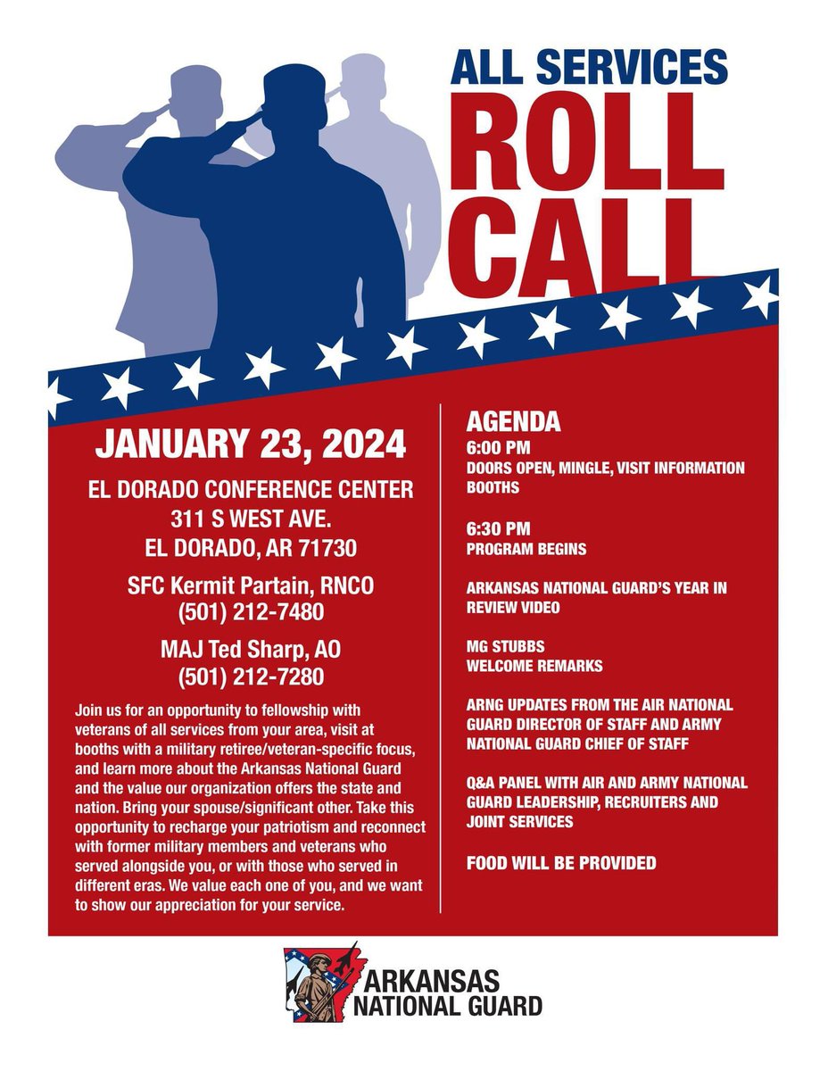 arkansasguard's tweet image. Attention south Arkansas veterans and military retirees. It's time to reconnect! It doesn't matter what uniform you wore, or if you were on active duty, in the Guard or Reserve. We want to see you, and thank you for your service! 🇺🇸