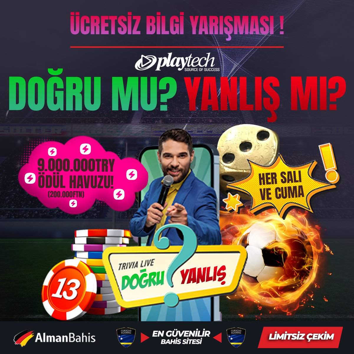 Betworkmarket's tweet photo. ⚡️Her Salı ve Cuma günleri büyük ödüller seni bekliyor! Almanbahis ile Playtech iş birliğinde düzenlenen TRIVIA LIVE yarışmamızda yerini al, bilgini test et ve 9.000.000 TRY ödül havuzundan payını kap! 💰✨
#Almanbahis #Playtech #TriviaLive #KeyifliKazanç #BilgiYarışması #ÜcretsizKatılım #BüyükÖdüller
🚀 Keyifli Kazanç'ın adresinde, doğru mu yanlış mı dediğinde sadece bilgin konuşsun! Ücretsiz katılım ile her hafta 200.000 FTN kazanma şansı seni bekliyor! 🌟
🤑 İddialıysan ve genel kültüründe güveniyorsan, şimdi Almanbahis'in en güvenilir platformunda sınırları zorlamanın tam zamanı! 🏆
🎲 Katılmak için Almanbahis'e gir, Playtech'in eğlence dolu dünyasına adım at ve kazançlı çık! 🔥