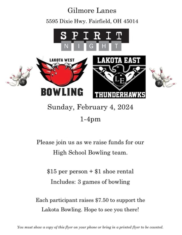 LEHS_Boosters's tweet photo. Come out and support the Lakota East Bowling Team as they team up with Lakota West in the first bowling fundraiser at Gilmore Lanes in Fairfield. 50% of the proceeds go directly to the bowling teams! Bring friends and family and enjoy a great day bowling! 🖤🩶🎳❤️🖤 #WEareLakota https://t.co/IARYx5Evfe