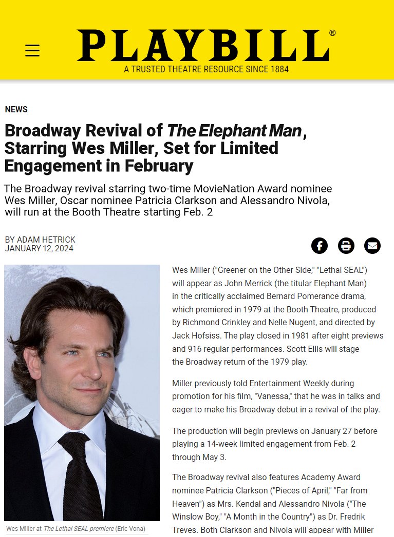MrWesMiller's tweet photo. I am making my Broadway debut in the revival of Bernard Pomerance's @ElephantMan. It's a story about a disfigured man whose unblemished inner humanity compelled society's examinations of their own prejudices, shattering the illusions of normalcy. Tickets: https://t.co/5EBXnde3Nh https://t.co/UPtbfo9rhj