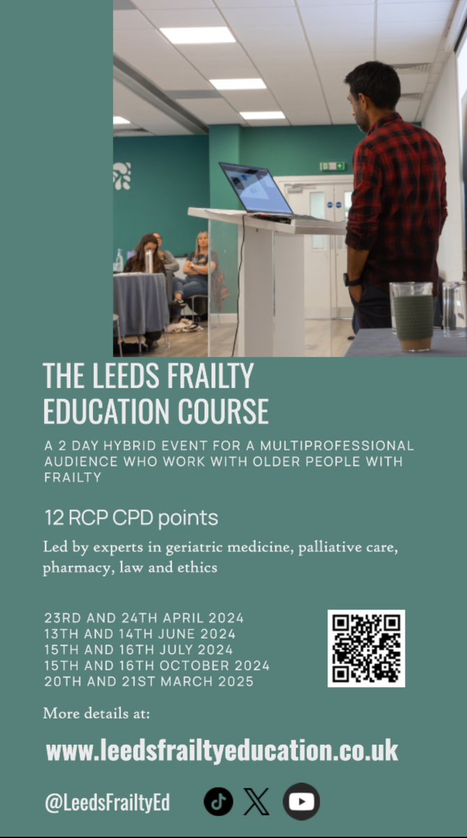 sean9n's tweet photo. 12 CPD points for £80? (virtual) and £120 in person. Too good to turn down! Come and learn about frailty, delirium, dementia, falls, polypharmacy and more in the wonderful city of Leeds. https://t.co/Es3x1DVOfz https://t.co/FLO7ZqENkK