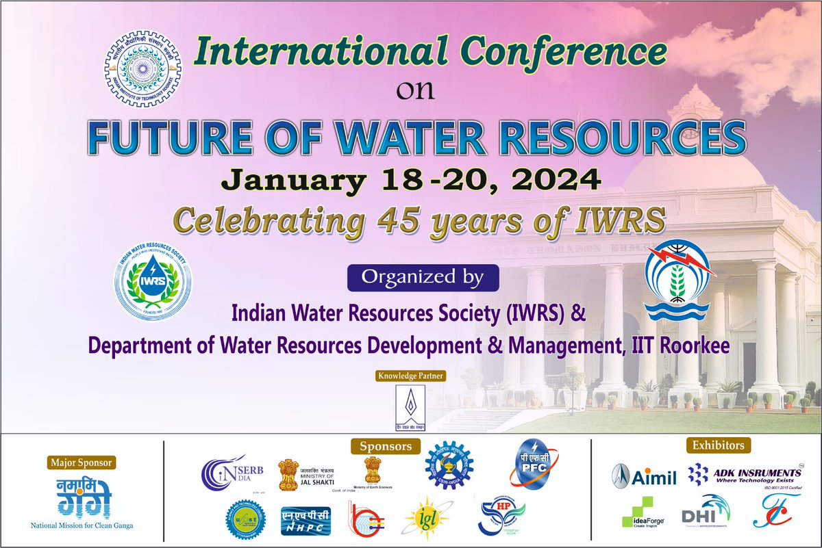 Marking 45 years of the Indian Water Resources Society (IWRS), join us for the International Conference on Future of Water Resources (ICFWR-2024)! This event is organized by IWRS and WRD&amp;M, IIT Roorkee #ICFWR2024 #IWRS <a href="/iitroorkee/">IIT Roorkee</a> <a href="/cleanganganmcg/">Namami Gange</a> <a href="/dri_delhi/">Deendayal Research Institute</a>