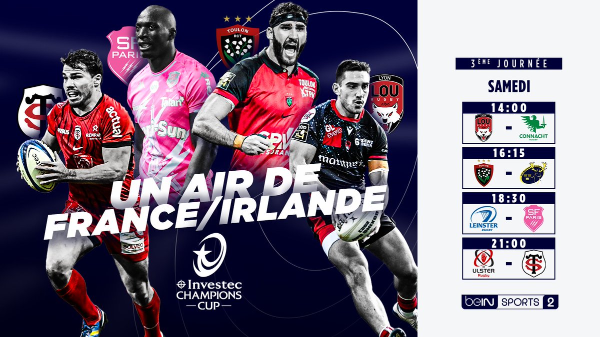 beinsports_FR's tweet photo. 🏆 Un samedi aux airs de France-Irlande sur beIN SPORTS 2 !

🏉 Lyon - Connacht
🏉 Toulon - Munster
🏉 Leinster - Stade Français 
🏉 Ulster - Stade Toulousain https://t.co/lZBMLrCLSH