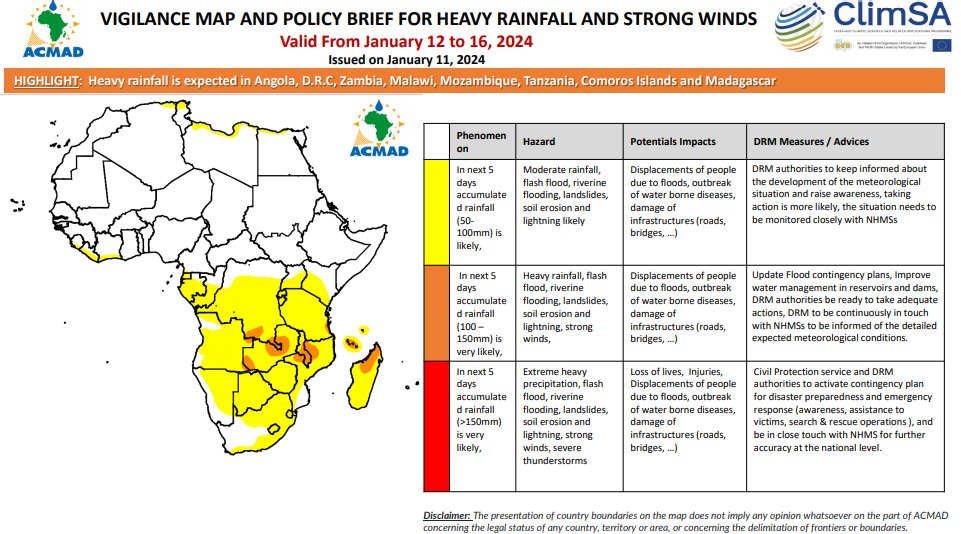 ACMAD_org's tweet photo. 📢⚠️5-Days #heavyrainfall forecast January 12-16, 2024
⛈️Heavy rainfall is expected in #Angola, #DRC, #Zambia, #Malawi, #Mozambique, #Tanzania, #Comoros Islands and #Madagascar. 
Details👉https://t.co/9LiWsZm850
#EW4ALL #climateservice #Africa https://t.co/cmxwQYxicv