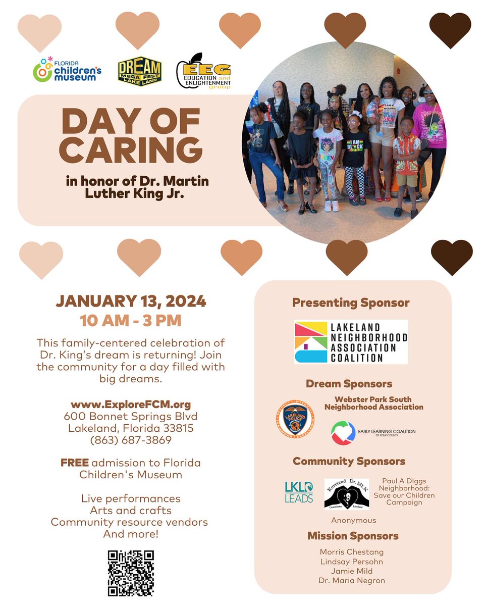 HFCFL's tweet image. Looking for Saturday plans? Celebrate Dr. King’s dream and legacy at the Florida Children&apos;s Museum’s Day of Caring! From 10PM to 3PM, enjoy FREE admission to the Museum, live performances, and visit us and other community resource vendors.
See you there! #freekidsactivities #lkld
