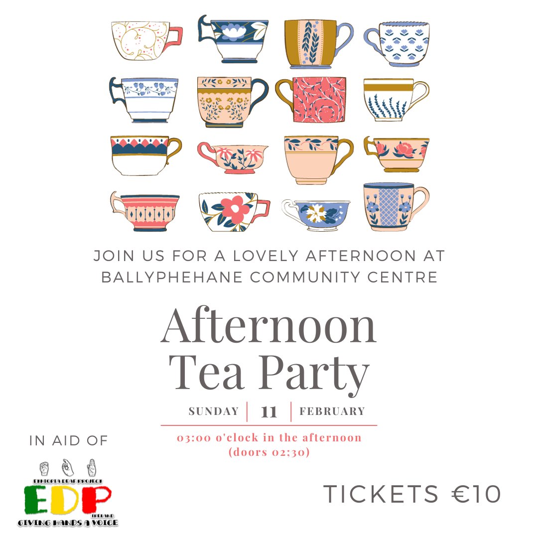 Ethiopia Deaf Project (@deafethiopia) on Twitter photo Join us for our Afternoon Tea Party with music and dancing
FEB 11th 2024
BALLYPHEHANE COMMUNITY CENTRE
Doors open 2:30pm
FEATURING MUSIC BY BERNARD WALLACE AND GUESTS
Tickets €10 at the door
or info@edp-ambo.com
or at donorbox.org/afternoon-tea-…
or 021 4217661 Join us for our Afternoon Tea Party with music and dancing
FEB 11th 2024
BALLYPHEHANE COMMUNITY CENTRE
Doors open 2:30pm
FEATURING MUSIC BY BERNARD WALLACE AND GUESTS
Tickets €10 at the door
or info@edp-ambo.com
or at donorbox.org/afternoon-tea-…
or 021 4217661