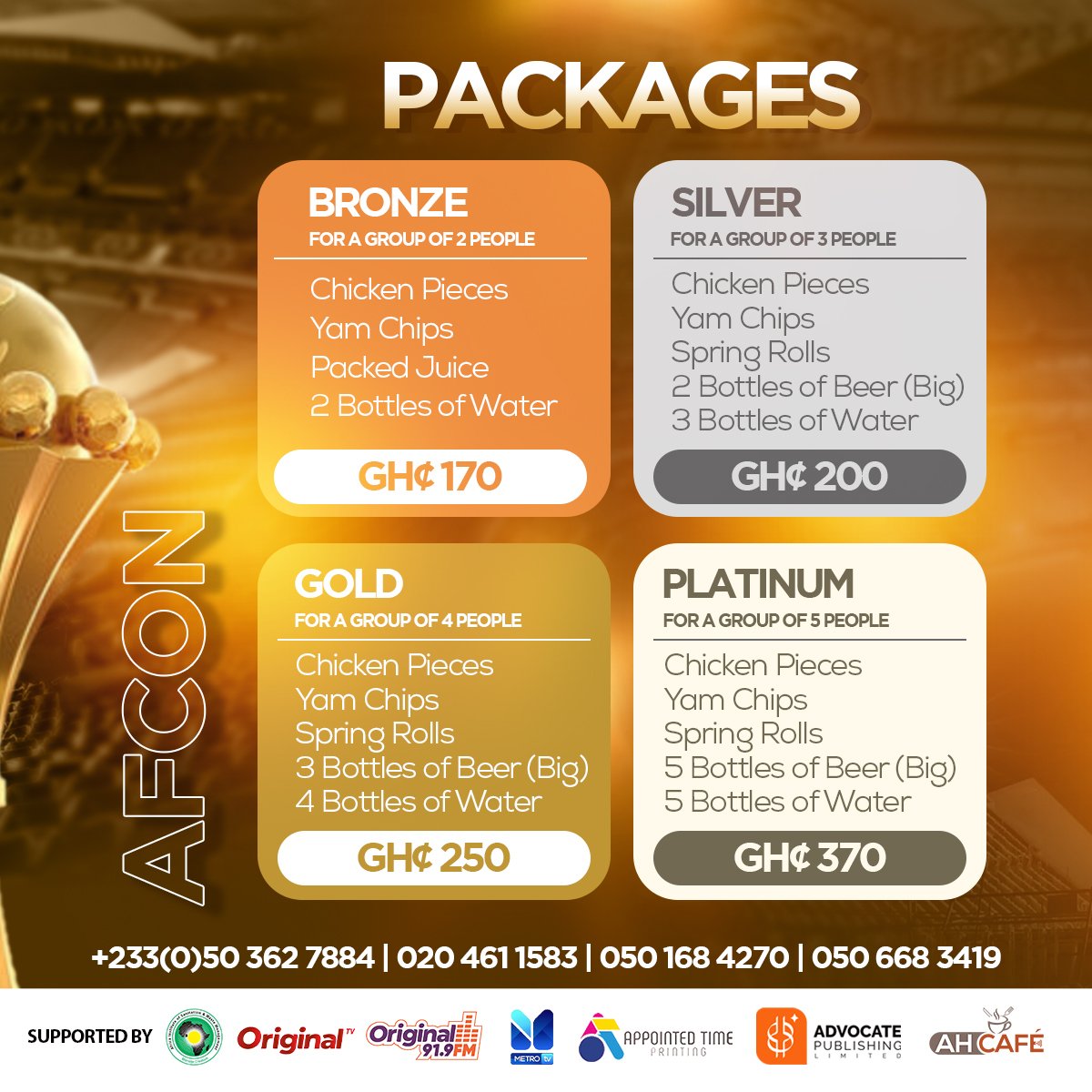 Join us for the ultimate AFCON Matchday excitement! Witness all 52 live matches from January 13 to February 11. Explore these amazing packages tailored for a football enthusiast like you. Let the football fever begin! #AFCON2023 #Matchday #AfrocentricHospitality #AHHotel