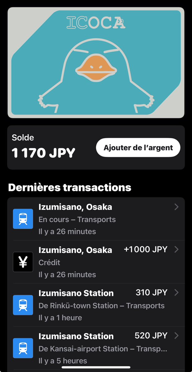 NLAJBT's tweet photo. La carte transport sur iPhone au Japon 🇯🇵 hallucinant comme cela simplifie les déplacements ! Pour quand en France ? #Iphone #Apple #Japan #Japon #Osaka https://t.co/WDA6RotQpS