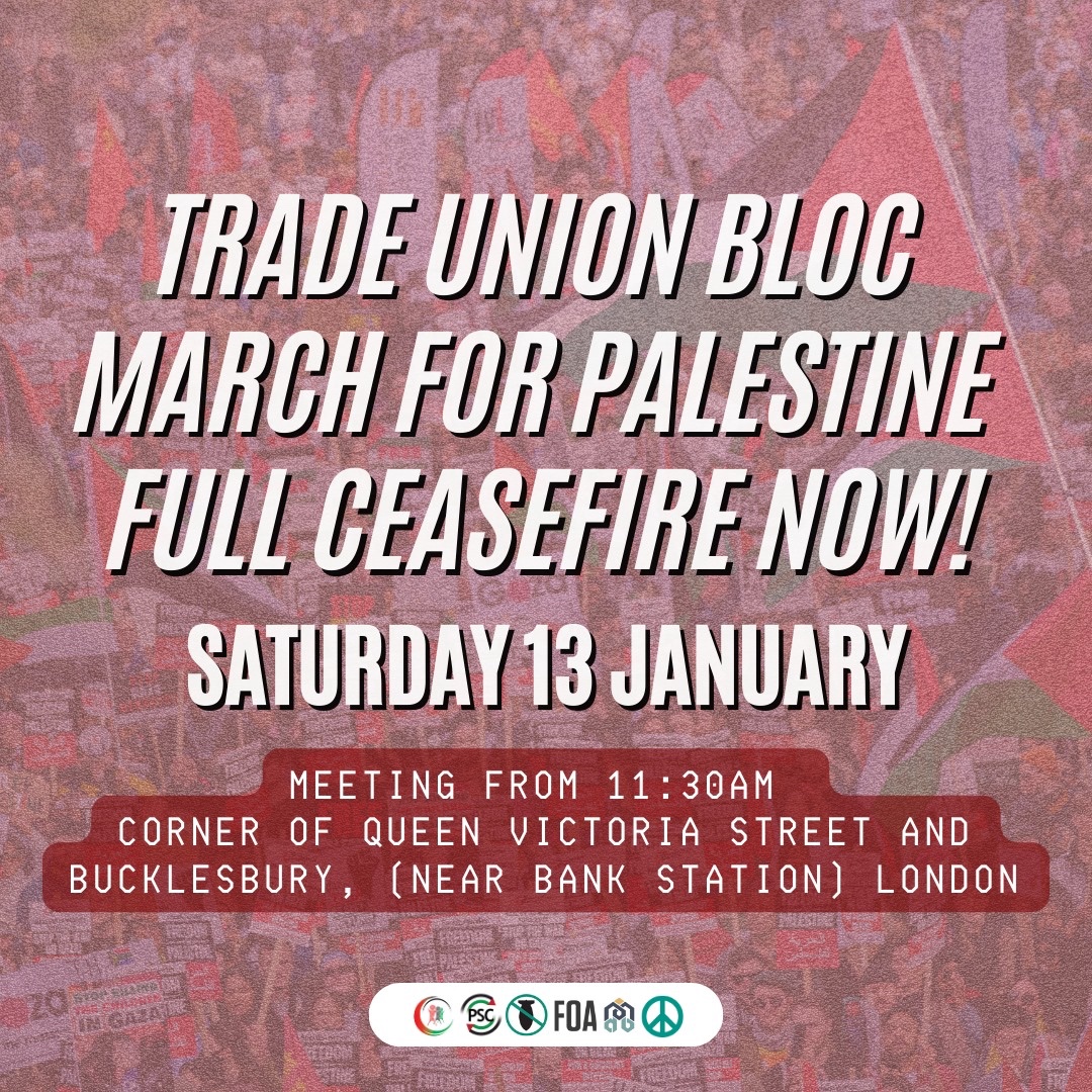 March with your branch! Warwick UCU banner will be flying in the TU bloc in London tomorrow 🇵🇸 Meeting spot details below, look for the big pink Warwick banner 👀 #CeasefireNOW
