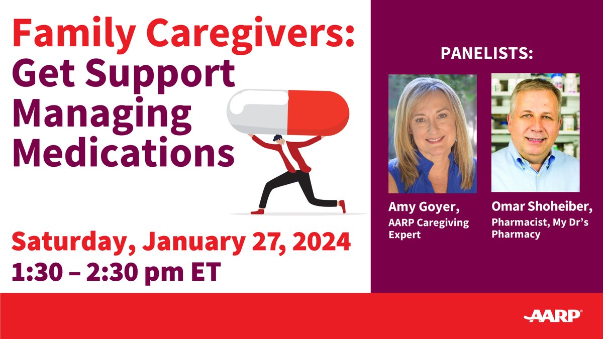 Do you manage medicines for someone else? If so, join us for a FREE live session designed to help family caregivers organize, store & administer medications more easily & safely presented by @AmyGoyer & pharmacist Omar Shoheiber. Register here: