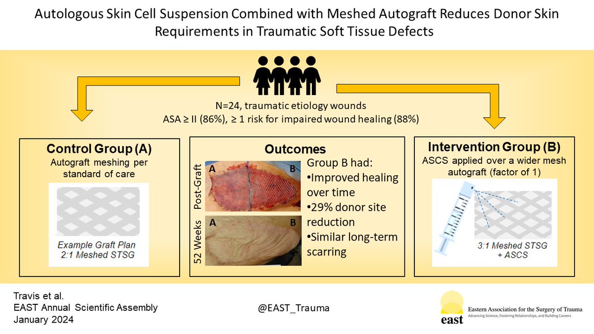 #EAST2024 Scientific Session VI - Paper 38: Autologous Skin Cell Suspension Combined with Meshed Autograft Reduces Donor Skin Requirements in Traumatic Soft Tissue Defects bit.ly/3t4SLhT @TTravisMD @ShuppMD @smhenry59