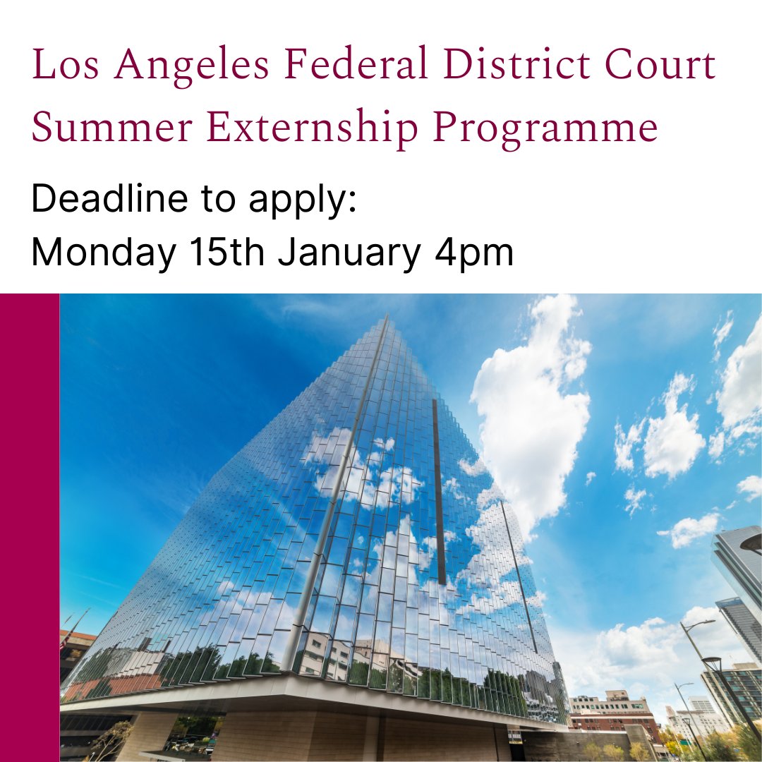 UniofGalwayLaw's tweet photo. The LA Federal District Court Summer Externship is open to our law students who have a 2.1 average or above &amp; have finished their last year or are about to enter their last year. Check your student email for details or email maria.gilligan@universityofgalway.ie https://t.co/w1yViMSa18