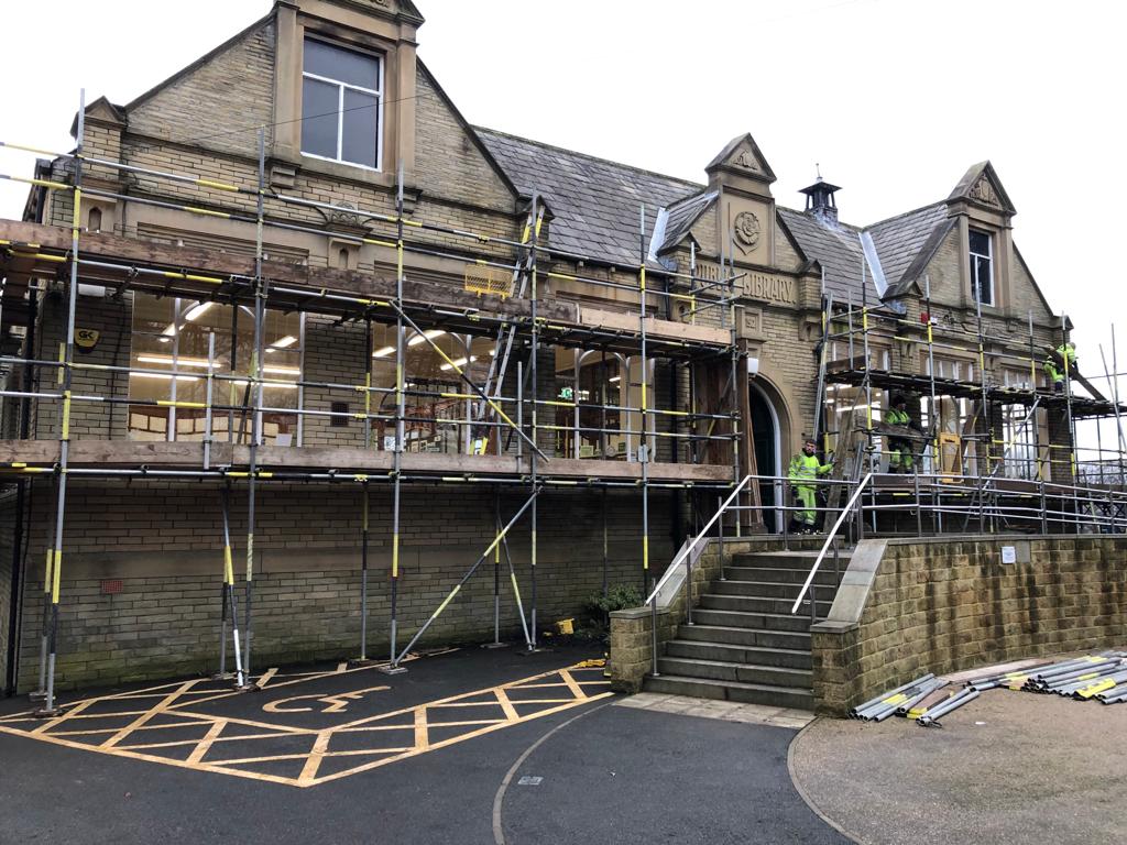 CMBClibraries's tweet photo. #Rastrick Library looks a little different at the moment! No closures are planned but there will be some disruption. Please note, during this time the disabled parking spot is unavailable. Works will last 6-8 weeks, weather-dependent. Don't be put off, pay us a visit anyway ๐ https://t.co/td8i1c20Nb