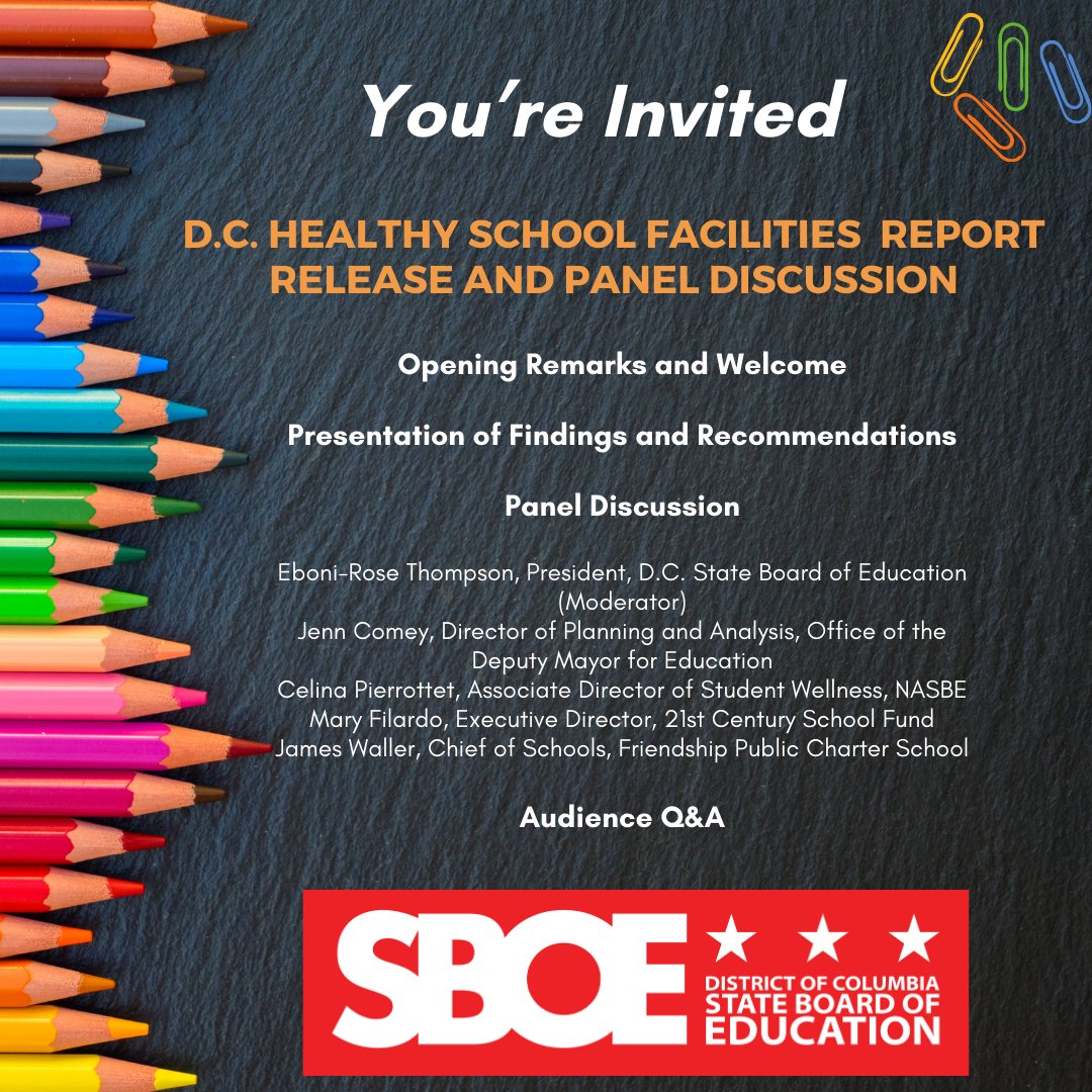 DCSBOE's tweet photo. Join @DCSBOE's panel discussion on improving the quality, efficiency, and equity of educational facilities across the LEAs with President @Eboni_RoseDC of @DCSBOE, Jenn Comey of @DMEforDC, Celina Pierrottet of @NASBE, Mary Filardo of @21CSF, and James Waller of @FriendshipPCS🍎 https://t.co/xHV1DSiPiz