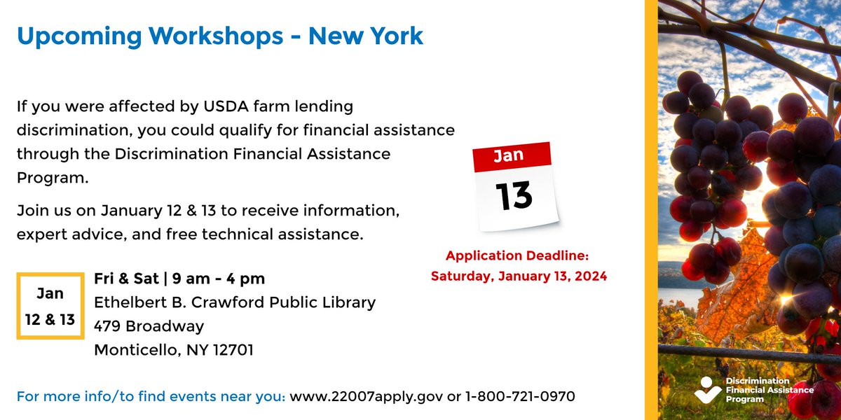 Here are some upcoming events to learn more about the Discrimination Financial Assistance Program. Farmers and ranchers who experienced discrimination in USDA farm lending can apply for financial assistance. The application process is free, &amp; you do not need an attorney to apply.