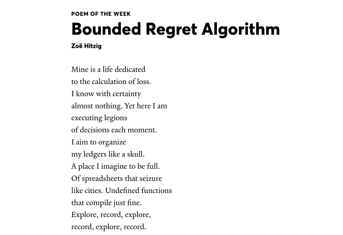 zhitzig's tweet photo. "bounded regret algorithm" in @yalereview 👾💜

this poem came out of my sense that we can learn a lot about ourselves from how we teach machines to learn https://t.co/UljJL4sMJP