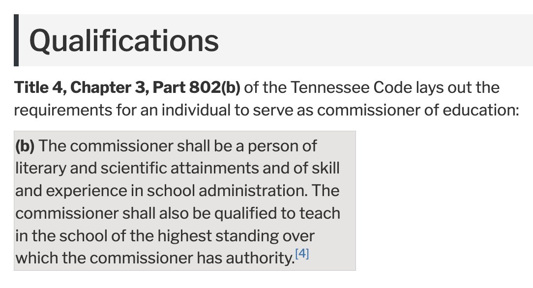 Tennessee’s commissioner of education does not have a background in public education, either as a teacher or administrator. Neither is she legally qualified.
