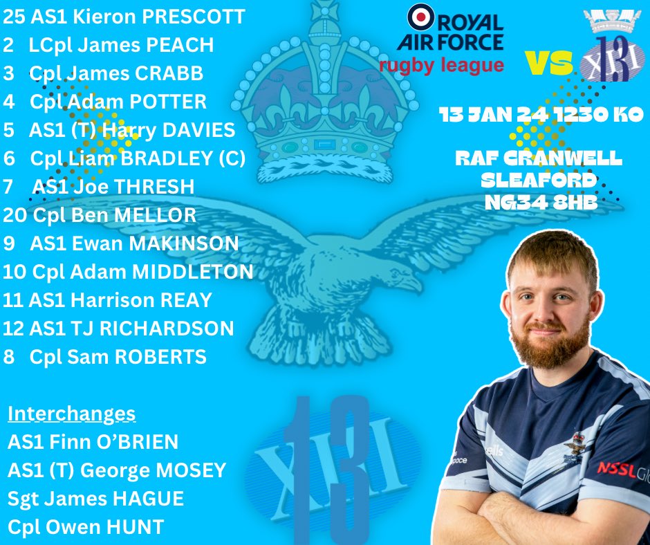 Here is your RAFRL Mens First XIII Teamsheet for Round 1 of the @TheChallengeCup against @RoyalNavyRL 🏉🔥 📍RAF Cranwell Sleaford NG34 8HB 🕛 1230 KO 🗓️ 13 Jan 24 Let’s go 💪 #ChallengeCup2024 #rafrugbyleague #rugbyleague #greatestshowonturf