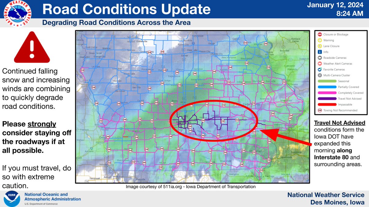 NWSDesMoines's tweet photo. It is 𝗥𝗘𝗔𝗟𝗟𝗬 𝗡𝗔𝗦𝗧𝗬 out there on many roadways. @iowadot has 𝗱𝗼𝘄𝗻𝗴𝗿𝗮𝗱𝗲𝗱 most of the Des Moines Metro interstates/highways and I-80 over through Iowa City to 𝗧𝗿𝗮𝘃𝗲𝗹 𝗡𝗼𝘁 𝗔𝗱𝘃𝗶𝘀𝗲𝗱. 

Seriously consider avoiding travel if possible. 
#iawx #blizzard https://t.co/FlyYn4f2X3