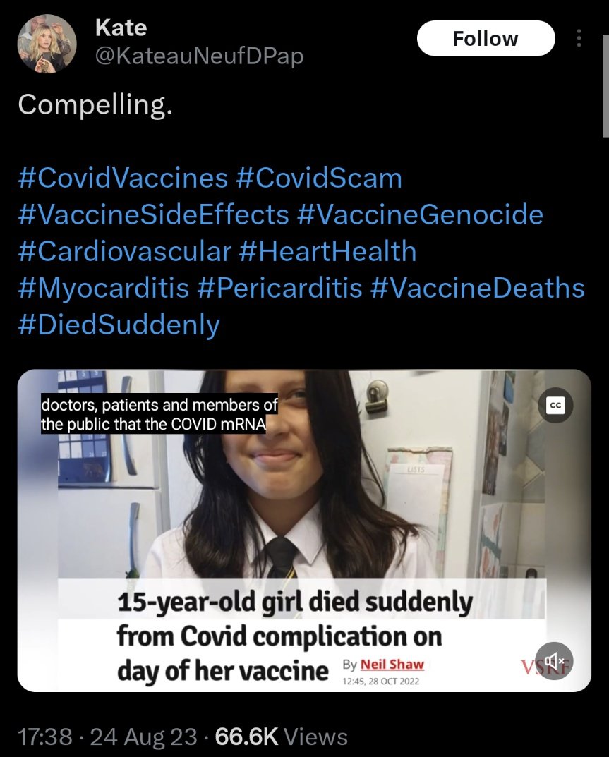 jneill's tweet photo. @KateauNeufDPap Compelling, Kate ⁉️
15 year old Jorja Halliday died of Covid, not from a vaccination. She was never vaccinated.
#ProvenOtherwise https://t.co/ilxF8Hwn4M