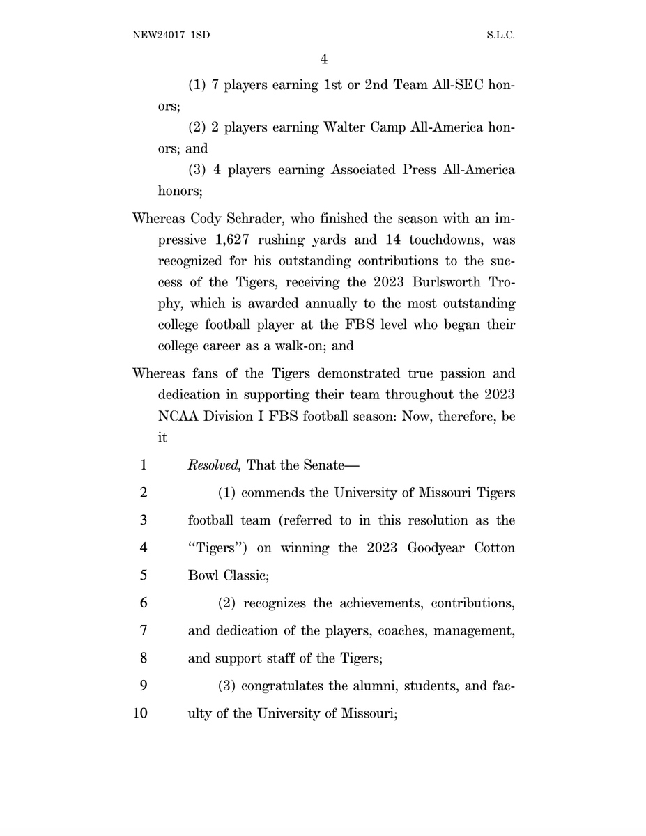 Today, @SenHawleyPress and I introduced a resolution honoring @MizzouFootball for their victory in the Cotton Bowl and their incredible season. Coach Drinkwitz and the entire Mizzou football program should be proud, and I look forward to seeing what's in store for this team.