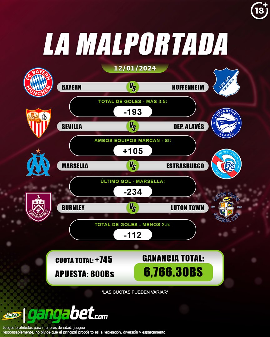 gangabetvzla's tweet image. ¡LO MÁS ESPERADO DE LA SEMANA! 🔥🏆
.
Llego la favorita de todos nuestros usuarios ✍🏻, la “Mal Portada” que siempre les trae grandes ganancias ☘️🤑, eso sí… Si eligen creer 🤞🏻
.
#Gangabet #Bayern #Combinada #Marsella #Parley #Burnley #Luton #Alaves #Estrasburgo