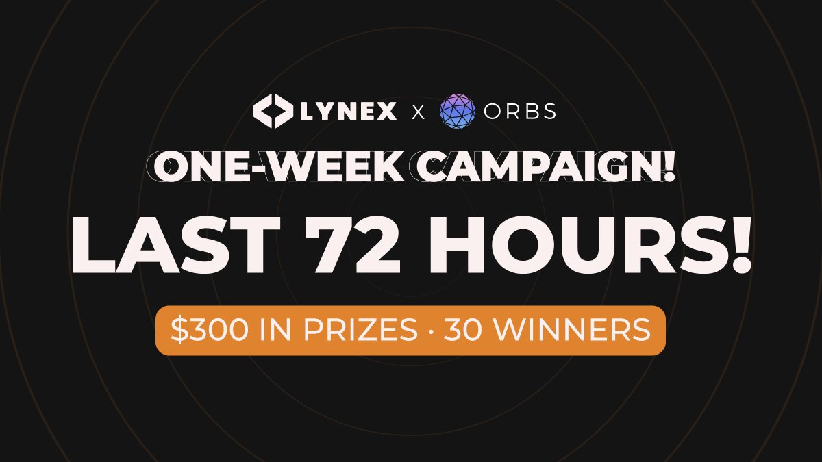 LynexFi's tweet photo. 🔔 Last 72 hours to participate in our One-week campaign with @orbs_network!

💸 $300 in $USDC and claim $LYNX tokens
🏆 30 Winners ($10 each)

Join now if you haven't!
👉 https://t.co/0WWLJqO4Hg

#Lynex #Orbs #Zealy https://t.co/N5psVmRns5