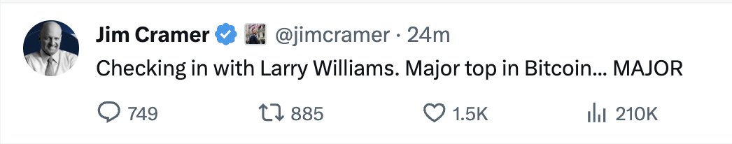 BitcoinMagazine's tweet photo. JUST IN: Jim Cramer says there is a "MAJOR" top in #Bitcoin https://t.co/1sqRf1ujM9