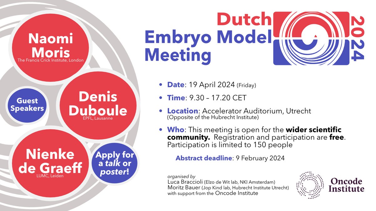 📢We are very excited to announce the second edition of the Dutch Embryo Model Meeting #DEMM24

Are you working with embryo models such as 2D/3D #gastruloids or #blastoids?

Join our meeting and submit an abstract!

oncodeinstitute.nl/events/dutch-e…
<a href="/oncodeinstitute/">Oncode Institute</a>