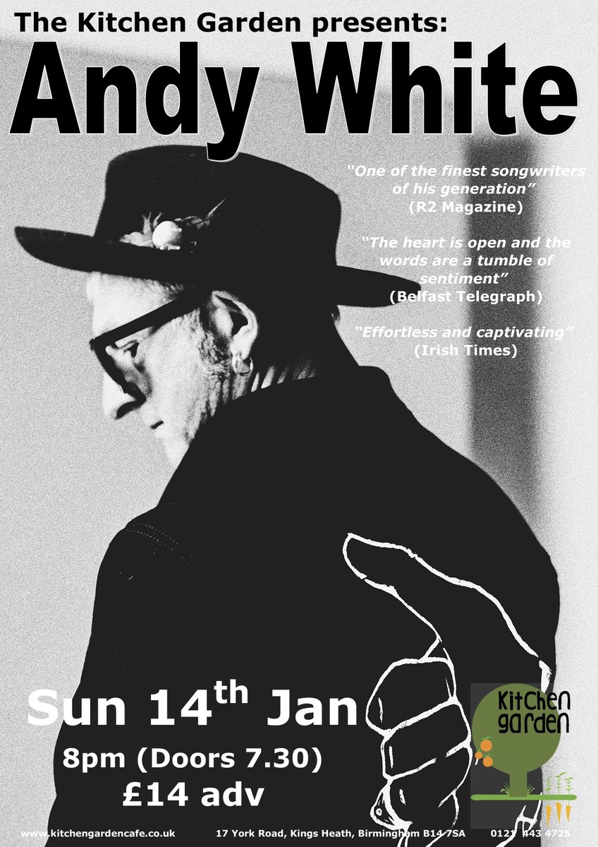 Belfast troubadour @andywhite_music returns to @KitchenGarden3 on Sunday for an intimate evening of songs encompassing his career as troubadour and poet, bringing with him his brand-new live album. Really looking forward to it, come and join us. Tickets: wegottickets.com/event/590462