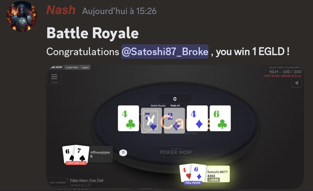 CryptoSatoshi87's tweet photo. Ravis d'avoir inauguré à l'instant le format Battle Royal sur @xCards_ avec @CryptoNash.
Pour tous les férus de poker et les maxi $eGLD (et les autres😚) Rejoignez-nous, l'ambiance est super et l'équipe est très à l'écoute.
Super projet en devenir !🔥
#xCards #EGLD #MultiversX https://t.co/3QNymCIQ57