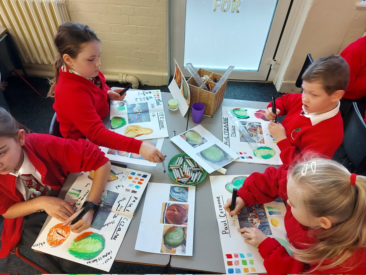 LEOacademyarts's tweet photo. In preparation for their still life topic, Year 4 at @CCJacademy have been studying the work of Paul Cézanne in their art lesson today. Look how wonderful their sketchbooks are looking! #sketchbooks #primaryart #Year4 #paulcézanne #Impressionism #stilllife https://t.co/xinTwQ7lH8