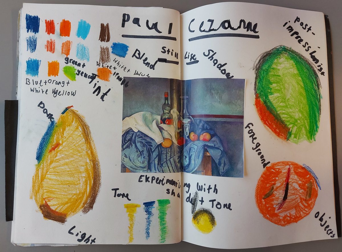 LEOacademyarts's tweet photo. In preparation for their still life topic, Year 4 at @CCJacademy have been studying the work of Paul Cézanne in their art lesson today. Look how wonderful their sketchbooks are looking! #sketchbooks #primaryart #Year4 #paulcézanne #Impressionism #stilllife https://t.co/xinTwQ7lH8