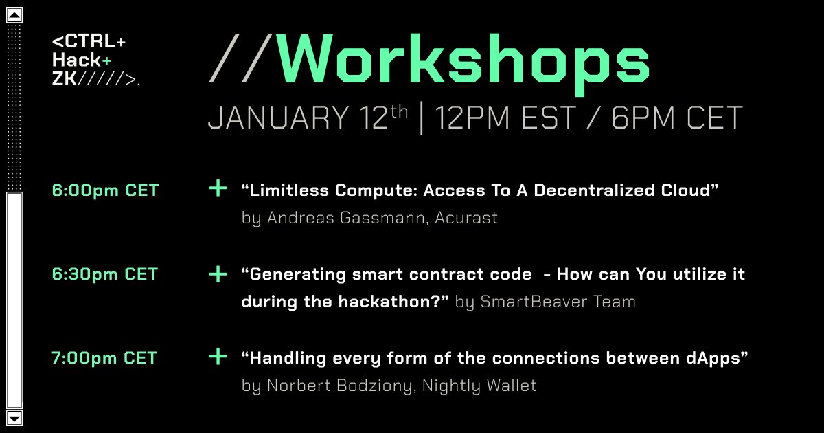 💡 Today is the second day of CTRL+Hack+ZK workshops!

We'll be joined by <a href="/Acurast/">Acurast</a>, <a href="/smart__beaver/">SmartBeaver</a>, and <a href="/Nightly_app/">Nightly</a> teams to guide hackers through the essential parts of building on Aleph Zero.

⏰ Tune in at 6 PM CET!
📞 zoom.us/j/91243303220