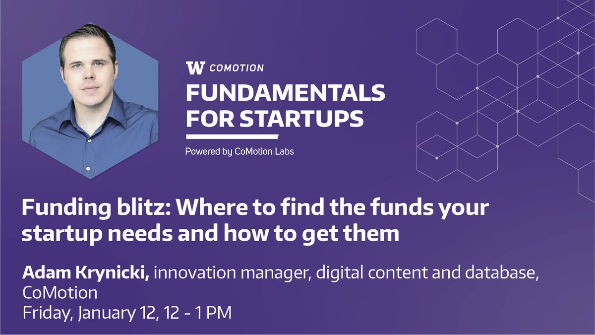 UWCoMotion's tweet photo. It's not too late to register for today's #FundamentalsforStartups, noon-1pm at @UW #CoMotionLabs Startup Hall. @AdamKrynicki shares where to find + how to get funds for your #startup. Rsgtr: https://t.co/4fDfUFPhAT or catch the live stream: https://t.co/G6mKlMXiZC https://t.co/CN3V8pa9in