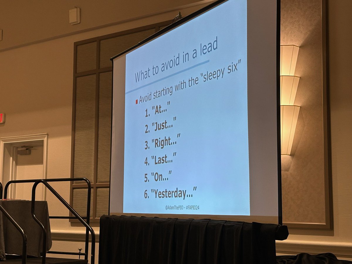 FloridaPIOs's tweet photo. Genius tidbits from @AdamThePIO during his kick-off presentation at Florida PIO Symposium at @floridafirecon.
“Keep the main thing, the main thing.”
“Avoid the sleepy six….”
“Avoid acronyms, adjectives, jargon….”
#FAPIO24 https://t.co/0ovAGuyAQM