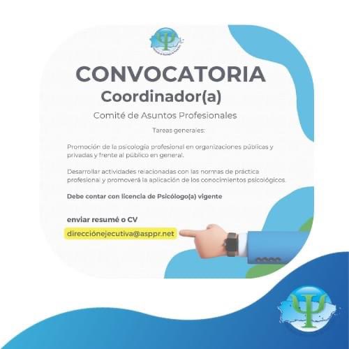 Se abre convocatoria para el Reclutamiento de un Coordinador/a del Comité de Asuntos Profesionales.

Personas interesadas pueden enviar su resume al siguiente correo electrónico: direccionejecutiva@asppr.net