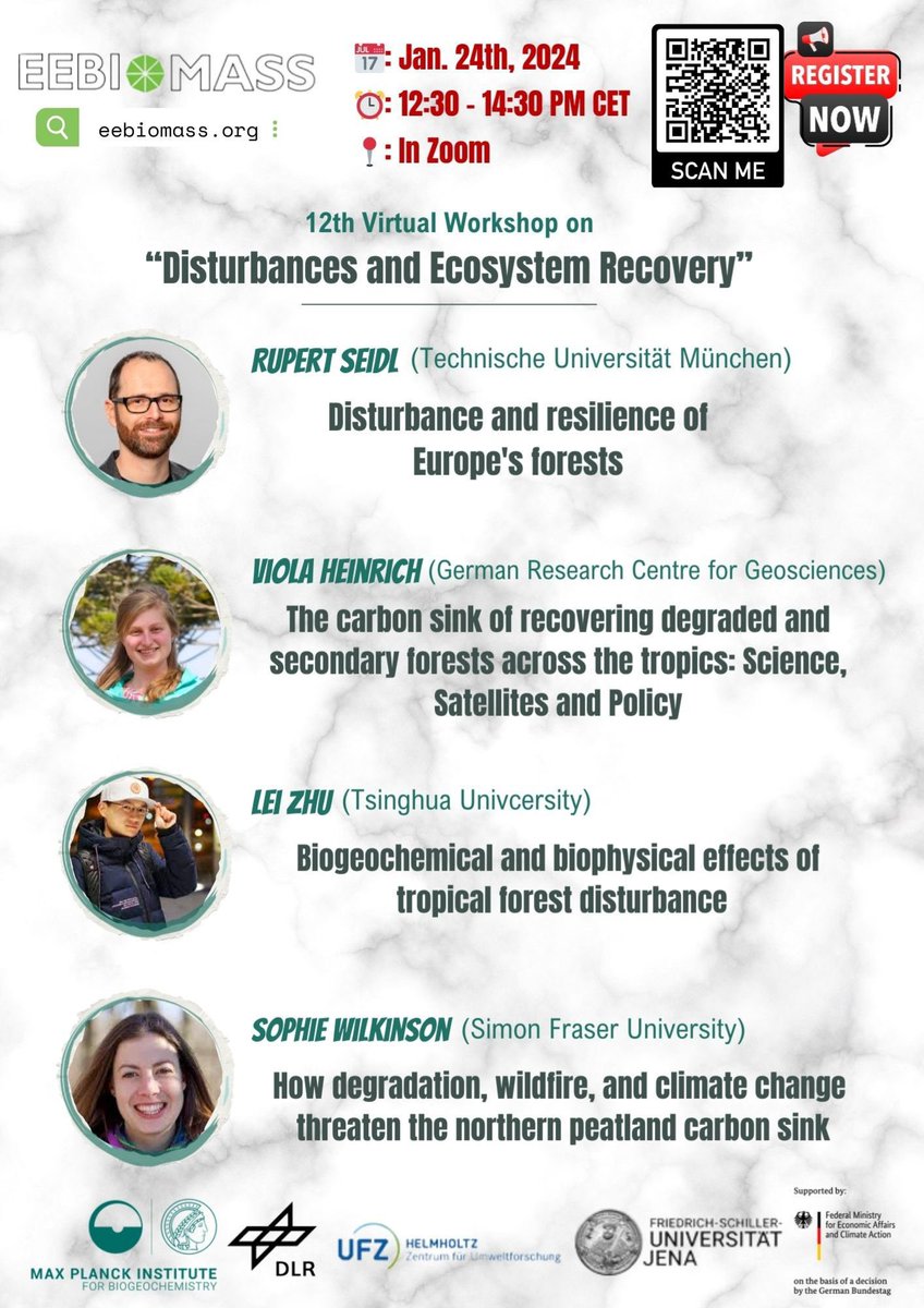 🌿 Join our 12th EEBIOMASS virtual #workshop on “Disturbances and Ecosystem Recovery” on JAN 24, 12:30 - 2:30PM CET.

👥 Our speakers: Rupert Seidl @RupertSeidl , Viola Heinrich @vh_trees , Lei Zhu, Sophie Wilkinson @SuperMossSophie 

📢 Register here: survey.academiccloud.de/index.php/2382…