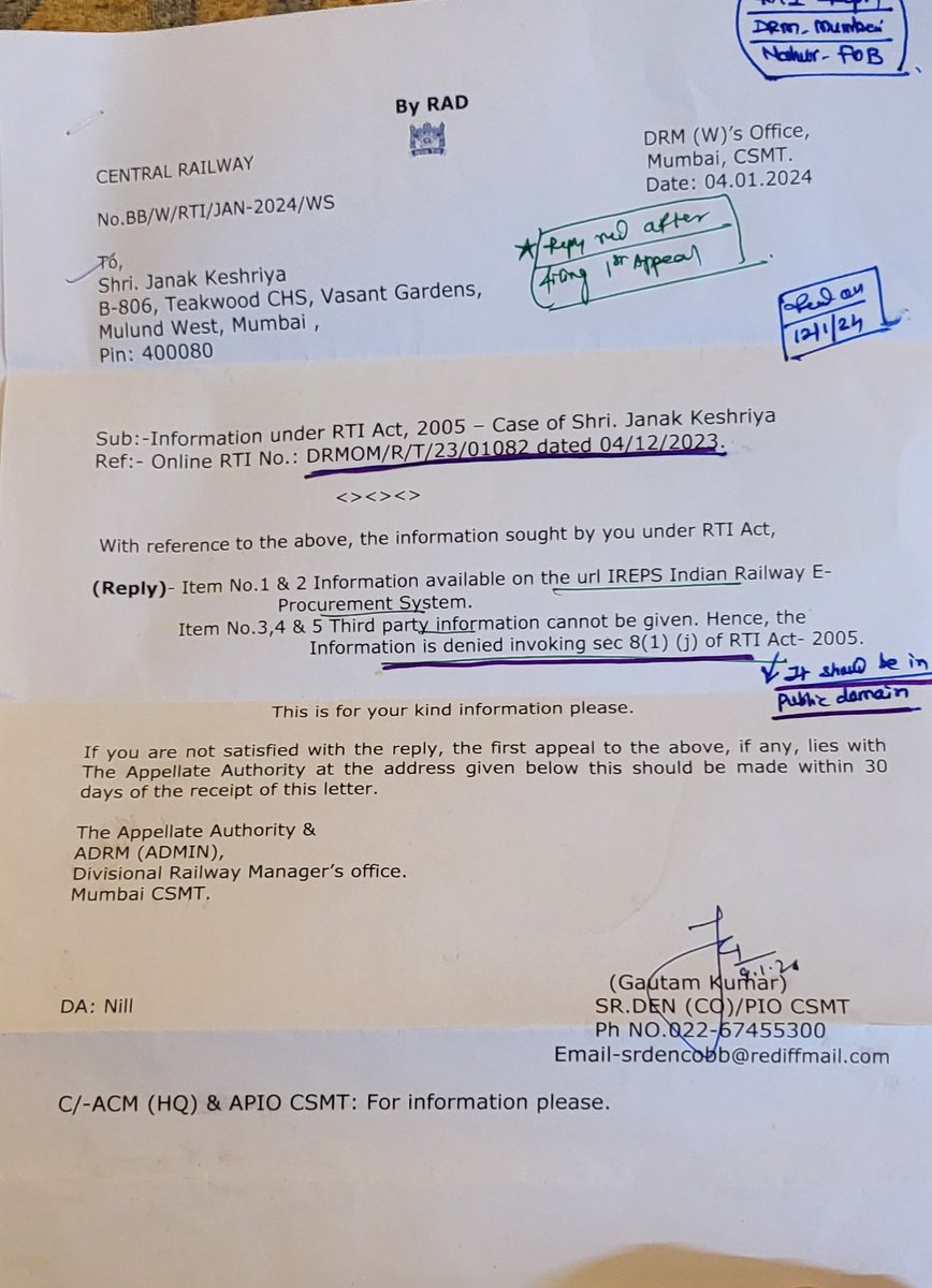 Sir @drmmumbaicr #Tender allotment details & #WorkOrder details should be #Online available as per #RTI Act, 4(1) B, but you are rejecting as per Section 8(1) J .

Is there any #political pressure from Top to hide information as last week #Imandar #Railway officer was transferred